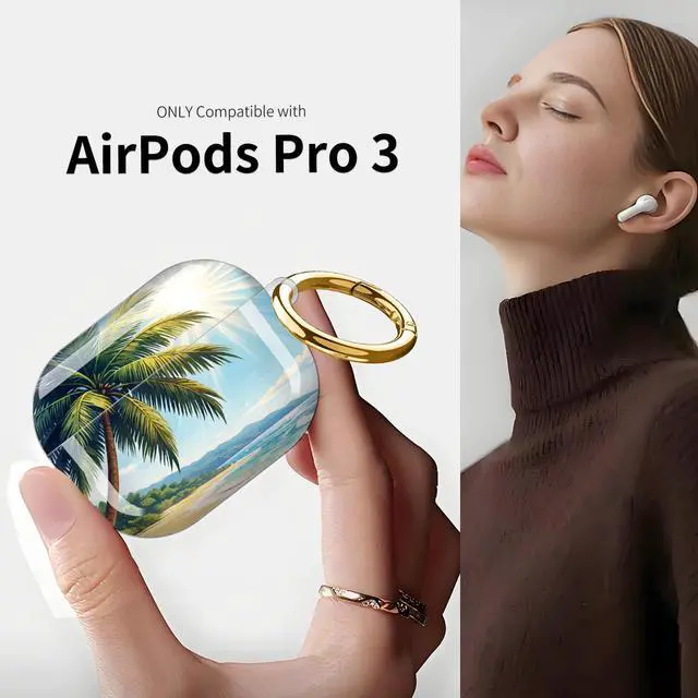 Alt view image 3 of 7 - Compatible with AirPod Pro 3 Case (2025), Shockproof Dustproof Protective Cover with Cute Golden Keychain for Women & Girls - Tropical Beach Palm Tree