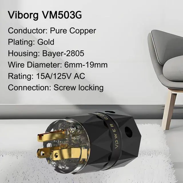 Alt view image 4 of 6 - HiFi Power Plug, VM503G, Gold-Plated Pure Copper, Non-Magnetic, 15A/125V AC Mains Plug, Audio Grade Power Plug, Set Screws, US Power Connector for DIY Audiophile Power Cord