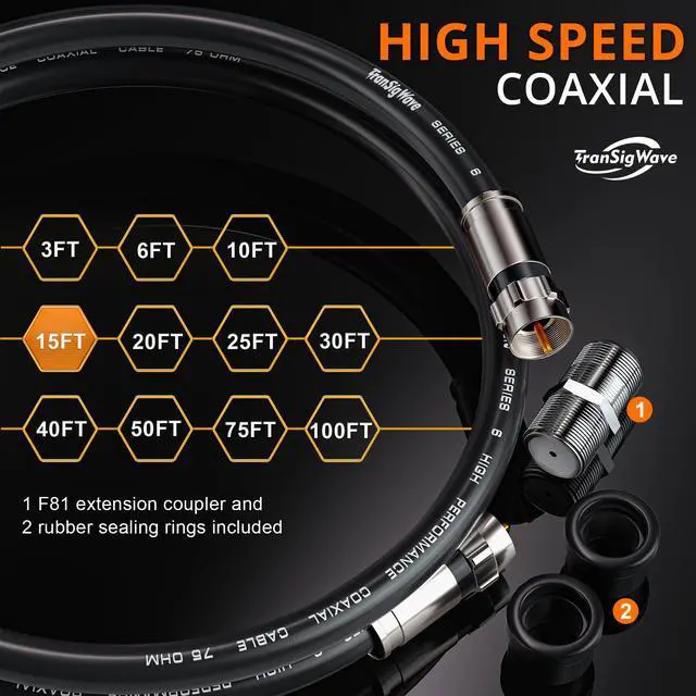 Alt view image 2 of 6 - TranSigWave 15FT RG6 Coaxial Cable Set - High-Speed Internet, Broadband and Digital TV Aerial, Satellite Sky Cable Extension- Weather-Sealed Double Rubber O-Ring and Compression Connectors Black