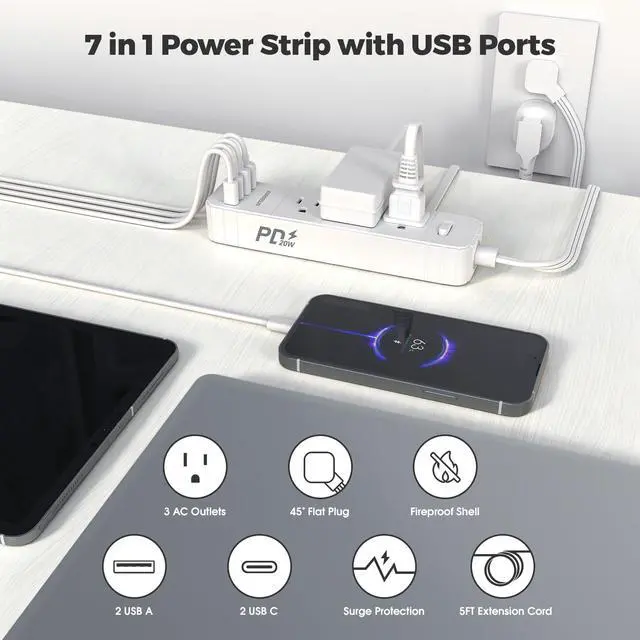 Alt view image 2 of 6 - Flat Plug Power Strip, Surge Protector with 3 AC & 4 USB Ports (PD20W) | 2 USB A & 2 USB C, 5FT Low-Profile Extension Cord, Wall Mount Desktop Charging Station for Home Office Dorm, White
