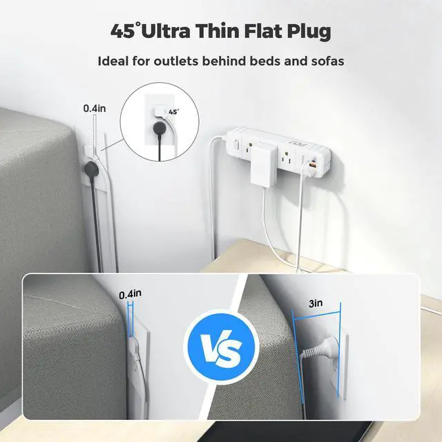 Alt view image 3 of 6 - Flat Plug Power Strip, Surge Protector with 3 AC & 4 USB Ports (PD20W) | 2 USB A & 2 USB C, 5FT Low-Profile Extension Cord, Wall Mount Desktop Charging Station for Home Office Dorm, White