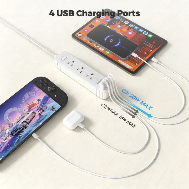 Alt view image 5 of 6 - Flat Plug Power Strip, Surge Protector with 3 AC & 4 USB Ports (PD20W) | 2 USB A & 2 USB C, 5FT Low-Profile Extension Cord, Wall Mount Desktop Charging Station for Home Office Dorm, White