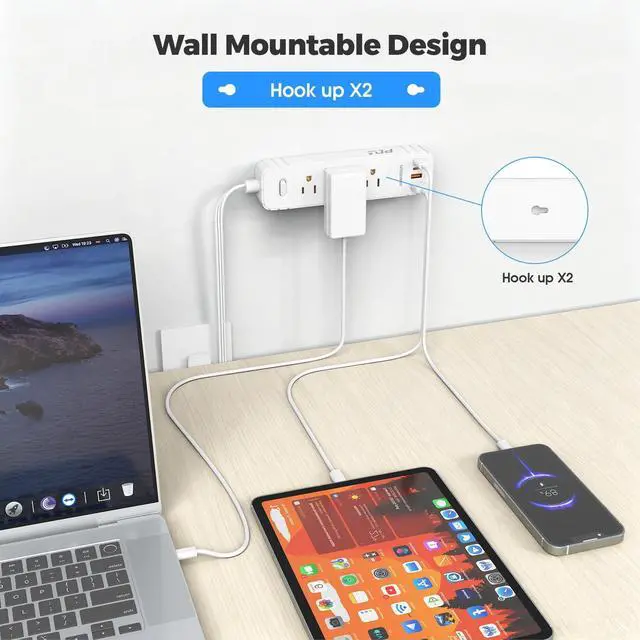 Alt view image 6 of 6 - Flat Plug Power Strip, Surge Protector with 3 AC & 4 USB Ports (PD20W) | 2 USB A & 2 USB C, 5FT Low-Profile Extension Cord, Wall Mount Desktop Charging Station for Home Office Dorm, White
