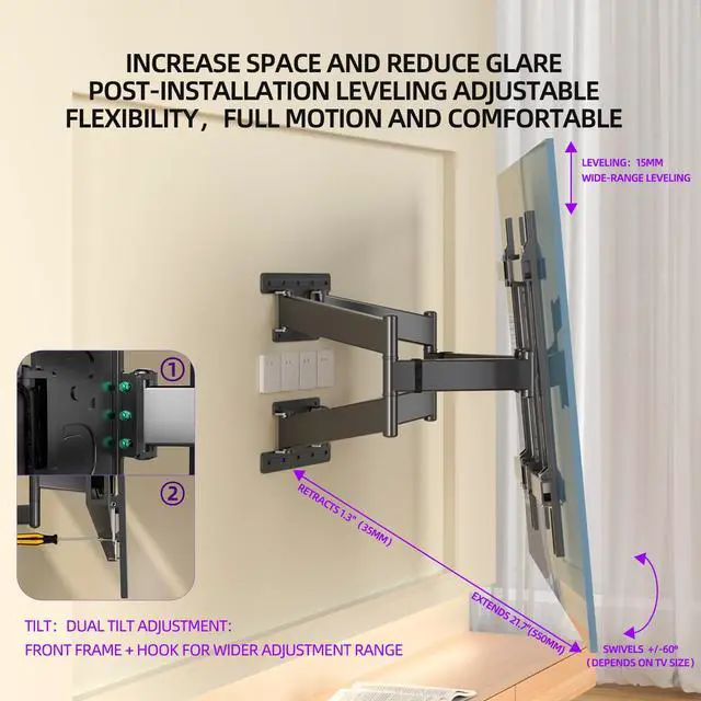 Alt view image 4 of 6 - Corner TV Wall Mount for 50-90 inch TVs,Heavy Duty Holds 154 lbs | Ultra Slim 1.38" Low Profile Full Motion TV Mount, Long Extension Arm with Swivel & Tilt, Max VESA 650x600