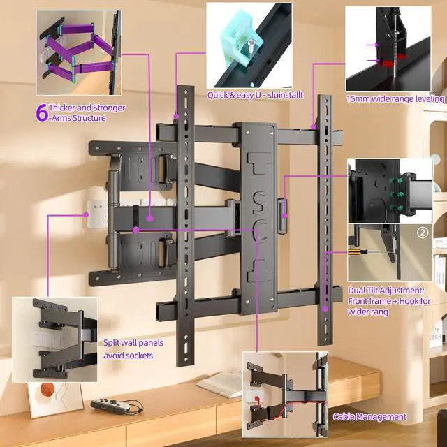 Alt view image 6 of 6 - Corner TV Wall Mount for 50-90 inch TVs,Heavy Duty Holds 154 lbs | Ultra Slim 1.38" Low Profile Full Motion TV Mount, Long Extension Arm with Swivel & Tilt, Max VESA 650x600