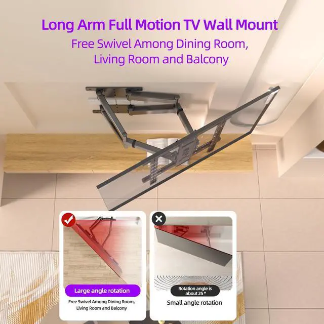 Alt view image 5 of 6 - Corner TV Wall Mount for 50-90 inch TVs,Heavy Duty Holds 154 lbs | Ultra Slim 1.38" Low Profile Full Motion TV Mount, Long Extension Arm with Swivel & Tilt, Max VESA 650x600