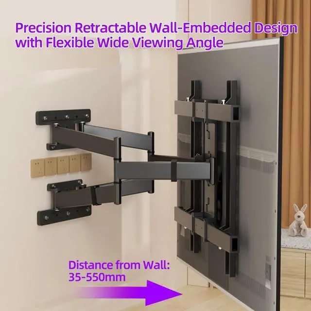 Alt view image 3 of 6 - Corner TV Wall Mount for 50-90 inch TVs,Heavy Duty Holds 154 lbs | Ultra Slim 1.38" Low Profile Full Motion TV Mount, Long Extension Arm with Swivel & Tilt, Max VESA 650x600