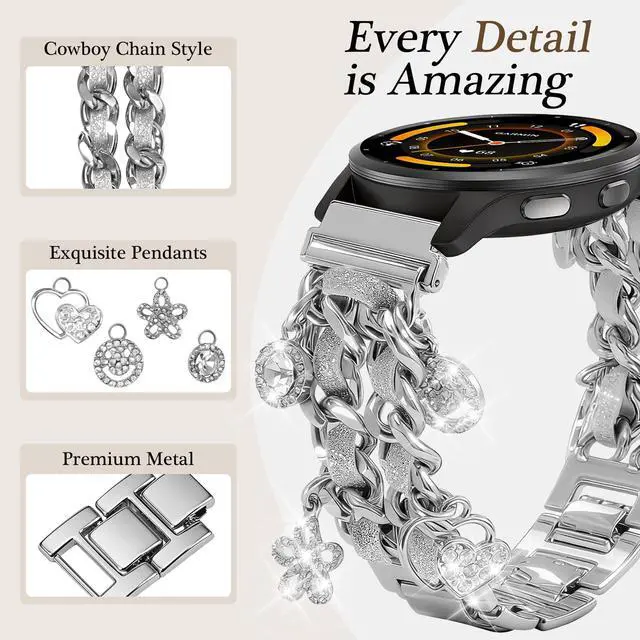 Alt view image 2 of 7 - 22mm Stylish Metal Band Compatible with Garmin Vivoactive 4/Venu4 45mm/Venu 3/Venu 2, Pretty Chain Strap Compatible with Forerunner 265/255/745