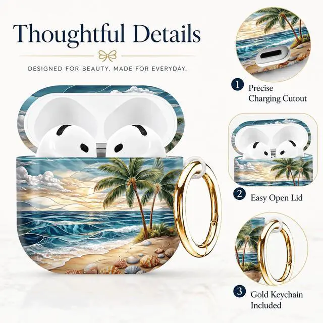 Alt view image 2 of 7 - Compatible with AirPod 4th Generation (2024), Cute Protective Cover with Keychain, TPU Anti-Drop Earbuds Case for Women and Men(Tropical Beach Palm Shell)