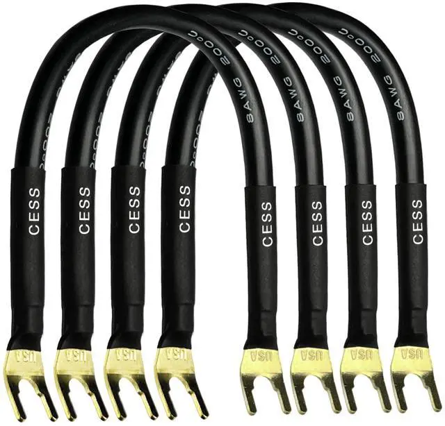 Main image of Large Fork Speaker Cable Jumpers, 8 Inches | Fork Spade Plug To Spade Plug, 4 Pack, Premium, 8 Gauge