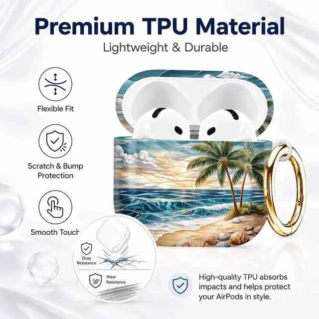 Alt view image 7 of 7 - Compatible with AirPod 4th Generation (2024), Cute Protective Cover with Keychain, TPU Anti-Drop Earbuds Case for Women and Men(Tropical Beach Palm Shell)