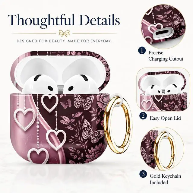 Alt view image 2 of 7 - Compatible with AirPod 4th Generation (2024), Cute Protective Cover with Keychain, TPU Anti-Drop Earbuds Case for Women and Men(Floral Butterflies Hearts Chains Ribbon)