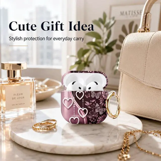 Alt view image 4 of 7 - Compatible with AirPod 4th Generation (2024), Cute Protective Cover with Keychain, TPU Anti-Drop Earbuds Case for Women and Men(Floral Butterflies Hearts Chains Ribbon)
