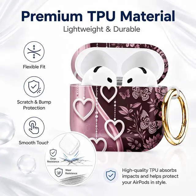Alt view image 7 of 7 - Compatible with AirPod 4th Generation (2024), Cute Protective Cover with Keychain, TPU Anti-Drop Earbuds Case for Women and Men(Floral Butterflies Hearts Chains Ribbon)