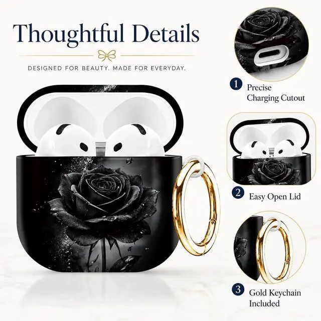 Alt view image 2 of 7 - Compatible with AirPod 4th Generation (2024), Cute Protective Cover with Keychain, TPU Anti-Drop Earbuds Case for Women and Men(Black Rose with Water Droplets)