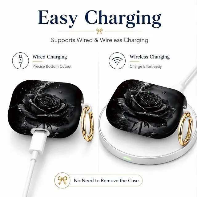 Alt view image 3 of 7 - Compatible with AirPod 4th Generation (2024), Cute Protective Cover with Keychain, TPU Anti-Drop Earbuds Case for Women and Men(Black Rose with Water Droplets)