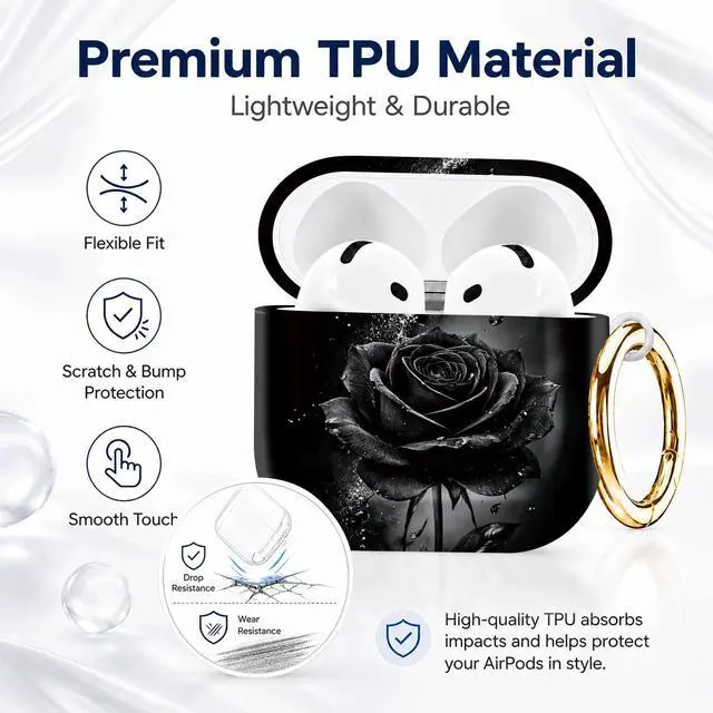 Alt view image 7 of 7 - Compatible with AirPod 4th Generation (2024), Cute Protective Cover with Keychain, TPU Anti-Drop Earbuds Case for Women and Men(Black Rose with Water Droplets)
