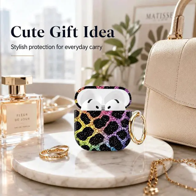 Alt view image 4 of 7 - Compatible with AirPod 4th Generation (2024), Cute Protective Cover with Keychain, TPU Anti-Drop Earbuds Case for Women and Men(Rainbow Leopard Glitter)