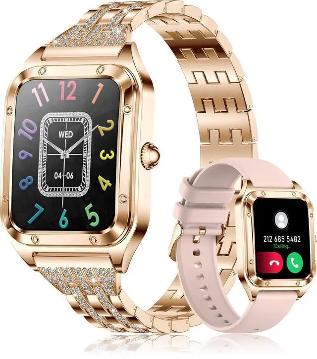 Main image of Smart Watch for Women 1.59" iPhone & Android Luxury Diamond Bluetooth Call | Fitness Tracker/AI Voice Control/Heart Rate Sleep Monitor, 120+ Sport Modes IP68 Waterproof, Rose Gold/2 Bands