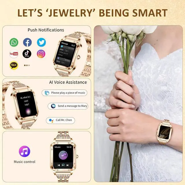 Alt view image 3 of 6 - Smart Watch for Women 1.59" iPhone & Android Luxury Diamond Bluetooth Call | Fitness Tracker/AI Voice Control/Heart Rate Sleep Monitor, 120+ Sport Modes IP68 Waterproof, Rose Gold/2 Bands