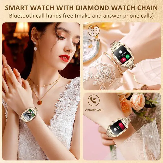 Alt view image 2 of 6 - Smart Watch for Women 1.59" iPhone & Android Luxury Diamond Bluetooth Call | Fitness Tracker/AI Voice Control/Heart Rate Sleep Monitor, 120+ Sport Modes IP68 Waterproof, Rose Gold/2 Bands