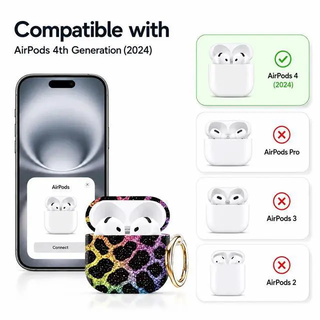 Alt view image 5 of 7 - Compatible with AirPod 4th Generation (2024), Cute Protective Cover with Keychain, TPU Anti-Drop Earbuds Case for Women and Men(Rainbow Leopard Glitter)
