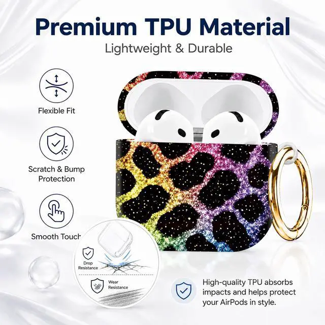 Alt view image 7 of 7 - Compatible with AirPod 4th Generation (2024), Cute Protective Cover with Keychain, TPU Anti-Drop Earbuds Case for Women and Men(Rainbow Leopard Glitter)