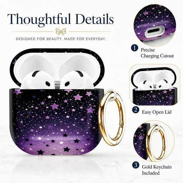 Alt view image 2 of 7 - Compatible with AirPod 4th Generation (2024), Cute Protective Cover with Keychain, TPU Anti-Drop Earbuds Case for Women and Men(Purple Stars Night Sky)