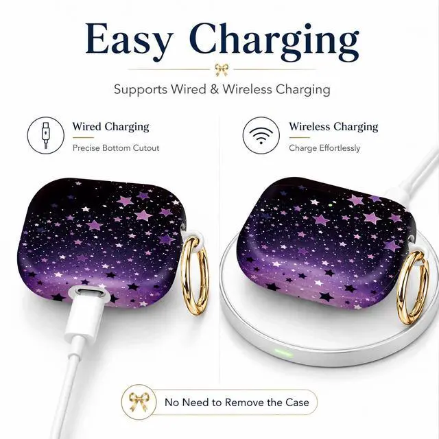 Alt view image 3 of 7 - Compatible with AirPod 4th Generation (2024), Cute Protective Cover with Keychain, TPU Anti-Drop Earbuds Case for Women and Men(Purple Stars Night Sky)