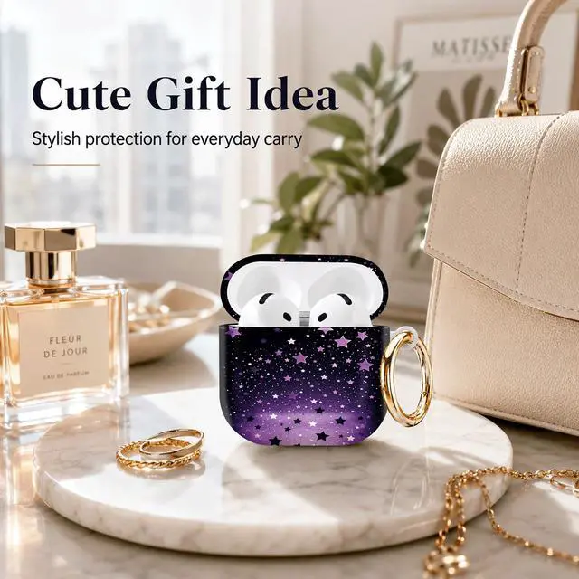 Alt view image 4 of 7 - Compatible with AirPod 4th Generation (2024), Cute Protective Cover with Keychain, TPU Anti-Drop Earbuds Case for Women and Men(Purple Stars Night Sky)