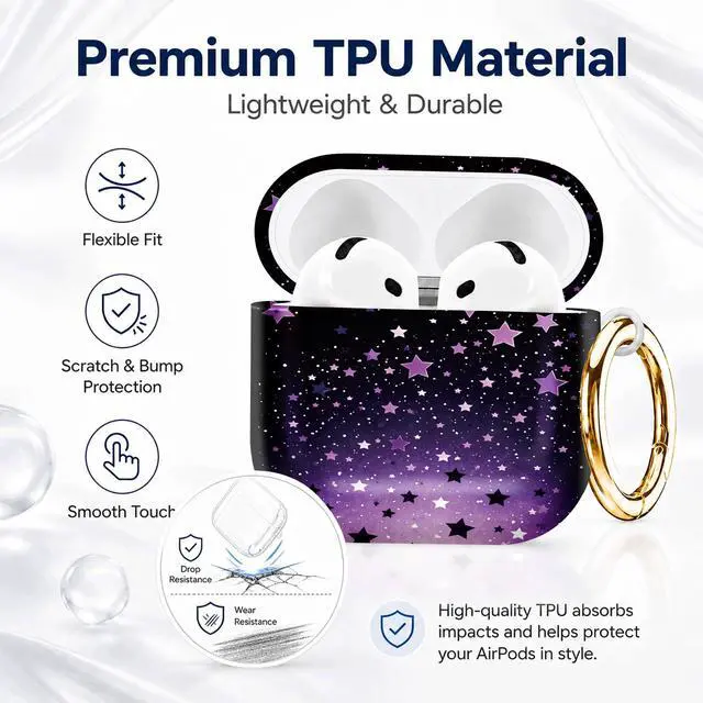 Alt view image 7 of 7 - Compatible with AirPod 4th Generation (2024), Cute Protective Cover with Keychain, TPU Anti-Drop Earbuds Case for Women and Men(Purple Stars Night Sky)