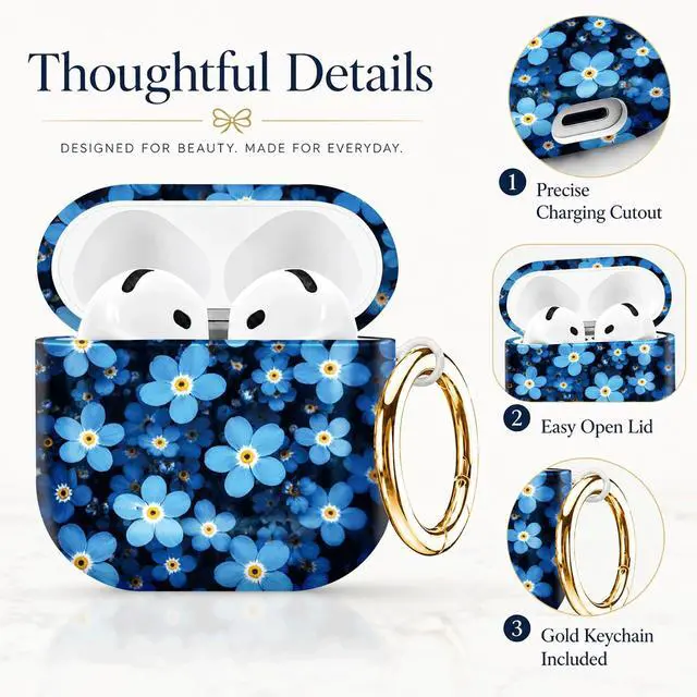 Alt view image 2 of 7 - Compatible with AirPod 4th Generation (2024), Cute Protective Cover with Keychain, TPU Anti-Drop Earbuds Case for Women and Men(Blue Flowers with Yellow Centers)
