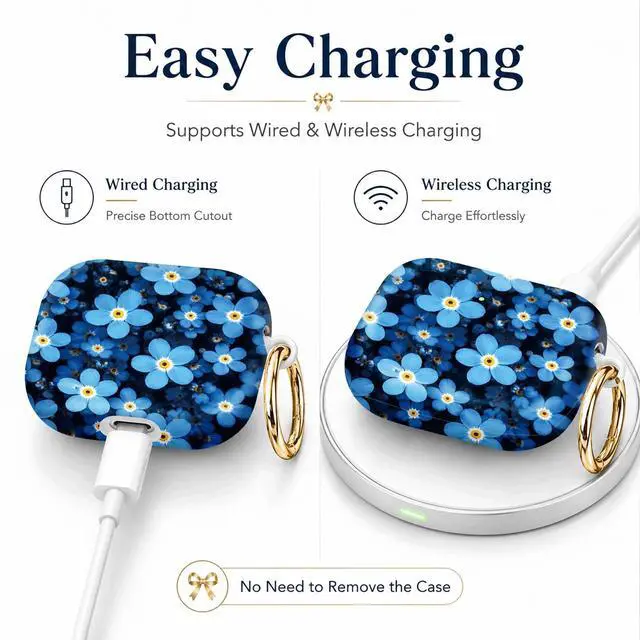 Alt view image 3 of 7 - Compatible with AirPod 4th Generation (2024), Cute Protective Cover with Keychain, TPU Anti-Drop Earbuds Case for Women and Men(Blue Flowers with Yellow Centers)
