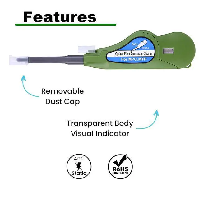 Alt view image 5 of 7 - Fiber Optic Cleaner for MPO/MTP Connectors, Over 500 Cleans, Fiber Endface & Optical Connector Cleans (Green)