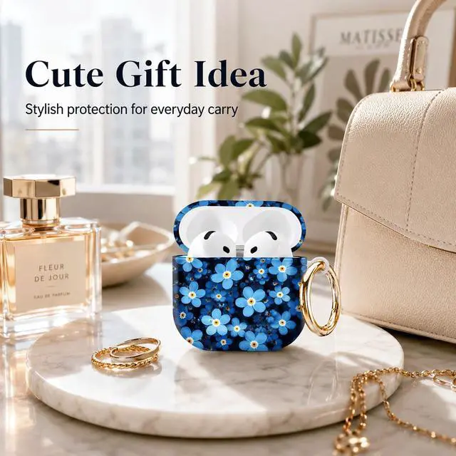 Alt view image 4 of 7 - Compatible with AirPod 4th Generation (2024), Cute Protective Cover with Keychain, TPU Anti-Drop Earbuds Case for Women and Men(Blue Flowers with Yellow Centers)