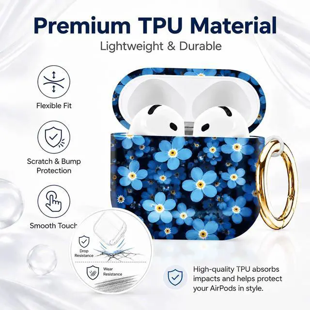 Alt view image 7 of 7 - Compatible with AirPod 4th Generation (2024), Cute Protective Cover with Keychain, TPU Anti-Drop Earbuds Case for Women and Men(Blue Flowers with Yellow Centers)