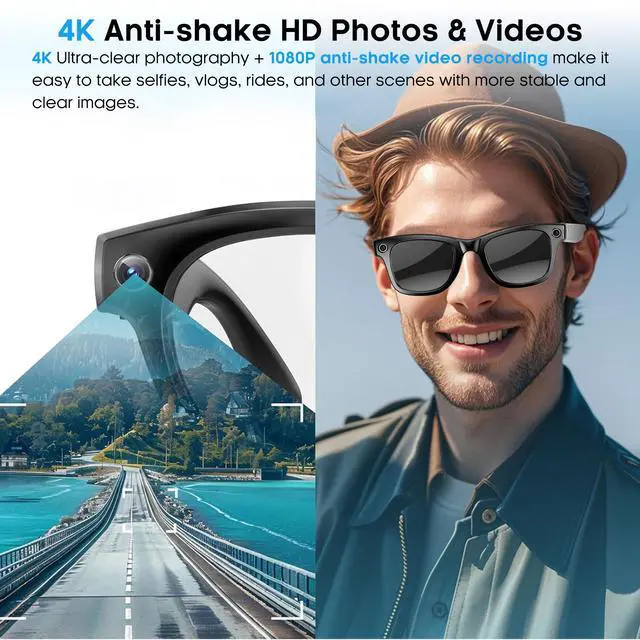 Alt view image 2 of 7 - AI Smart Camera Glasses with 4K Ultra-Wide Anti-Shake Camera,HD1080P Videos, Vlog Recording, AI Translation, AI Voice Assistant, Open Ears, Wi-Fi Transmission, Music Control Sunglasses