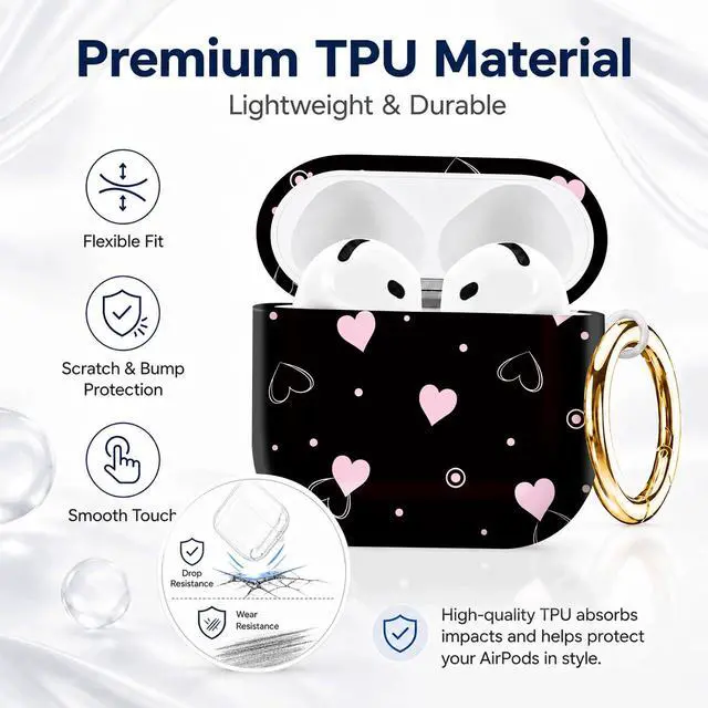 Alt view image 7 of 7 - Compatible with AirPod 4th Generation (2024), Cute Protective Cover with Keychain, TPU Anti-Drop Earbuds Case for Women and Men(Pink Hearts White Outlines)