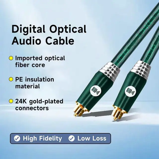 Alt view image 2 of 7 - Digital Optical Audio Cable for Soundbar, TV, Home Theater, Audio System - 24K Gold-Plated, High-Fidelity Fiber Optic Cord for Crystal Clear Sound, Emerald, 9.8FT/3M