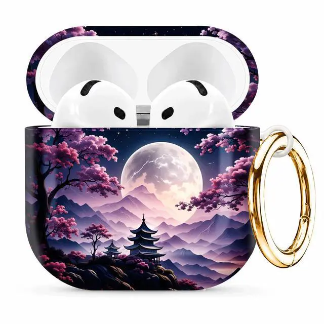 Main image of Compatible with AirPod 4th Generation (2024), Cute Protective Cover with Keychain, TPU Anti-Drop Earbuds Case for Women and Men(Moonlit Cherry Blossom Pagoda)