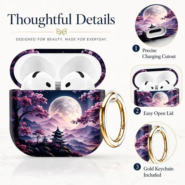 Alt view image 2 of 7 - Compatible with AirPod 4th Generation (2024), Cute Protective Cover with Keychain, TPU Anti-Drop Earbuds Case for Women and Men(Moonlit Cherry Blossom Pagoda)