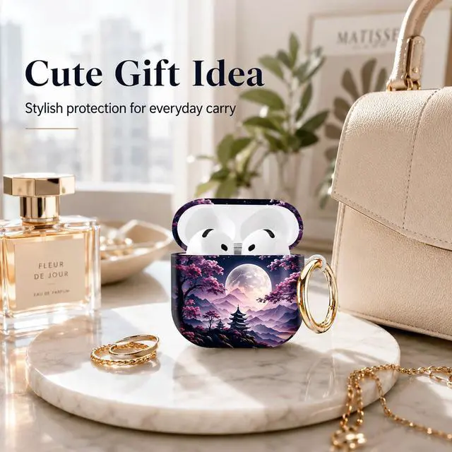 Alt view image 4 of 7 - Compatible with AirPod 4th Generation (2024), Cute Protective Cover with Keychain, TPU Anti-Drop Earbuds Case for Women and Men(Moonlit Cherry Blossom Pagoda)
