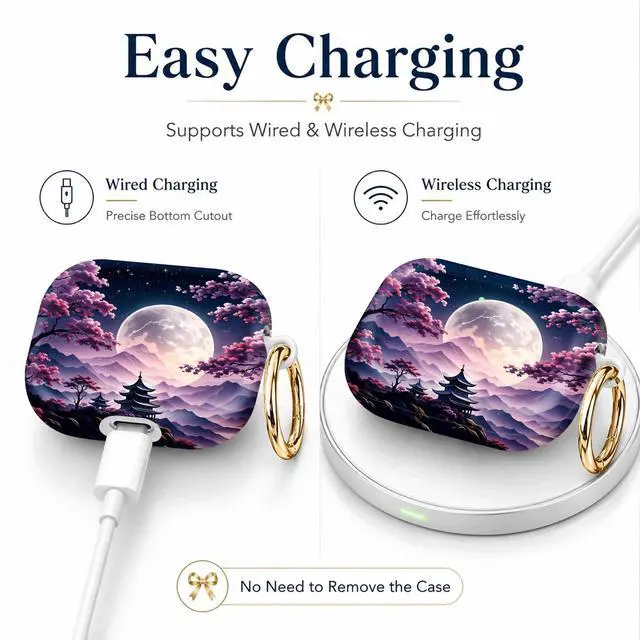Alt view image 3 of 7 - Compatible with AirPod 4th Generation (2024), Cute Protective Cover with Keychain, TPU Anti-Drop Earbuds Case for Women and Men(Moonlit Cherry Blossom Pagoda)