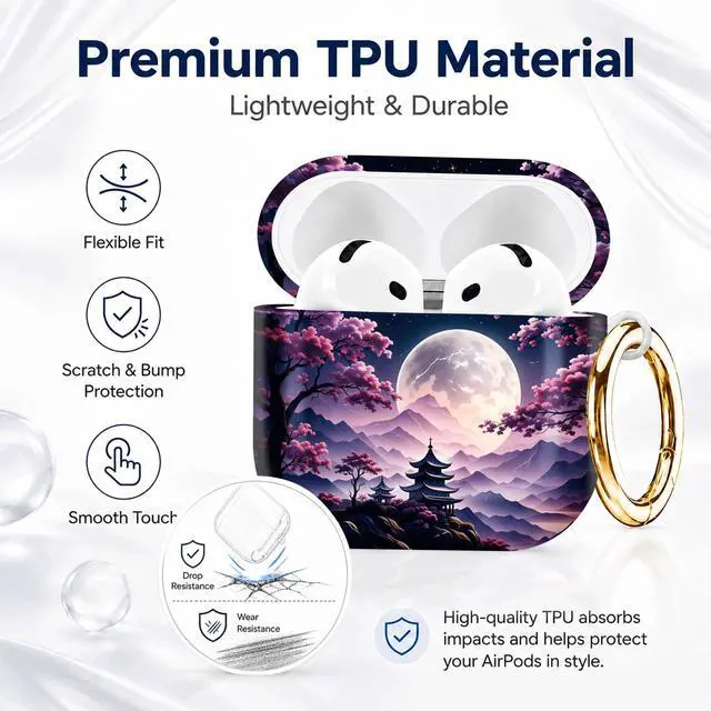 Alt view image 7 of 7 - Compatible with AirPod 4th Generation (2024), Cute Protective Cover with Keychain, TPU Anti-Drop Earbuds Case for Women and Men(Moonlit Cherry Blossom Pagoda)