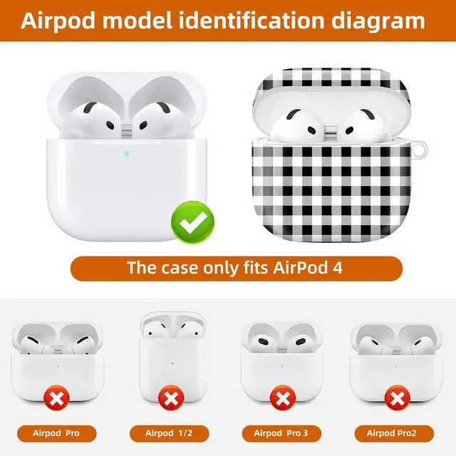 Alt view image 4 of 6 - Compatible with AirPod 4th Generation 2024 Case, Shockproof Anti-Drop Protective Cover, Cute Case for Women Men with Keychain(Black White Check Lattice Plaid)