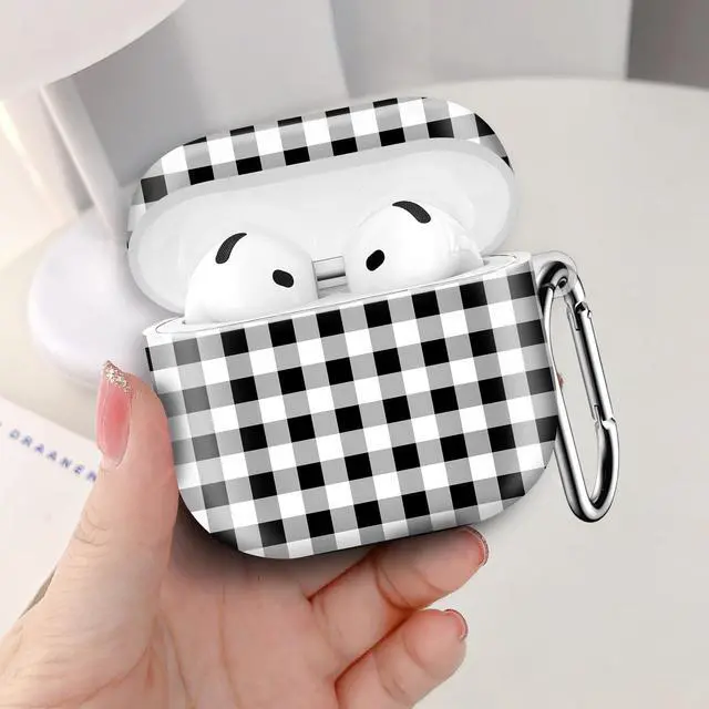 Alt view image 5 of 6 - Compatible with AirPod 4th Generation 2024 Case, Shockproof Anti-Drop Protective Cover, Cute Case for Women Men with Keychain(Black White Check Lattice Plaid)