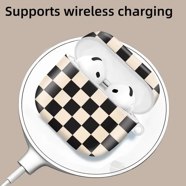 Alt view image 3 of 6 - Compatible with AirPod 4th Generation 2024 Case, Shockproof Anti-Drop Protective Cover, Cute Case for Women Men with Keychain(Black Beige Plaid)