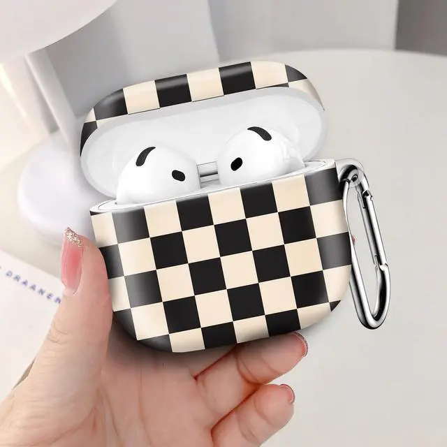 Alt view image 5 of 6 - Compatible with AirPod 4th Generation 2024 Case, Shockproof Anti-Drop Protective Cover, Cute Case for Women Men with Keychain(Black Beige Plaid)