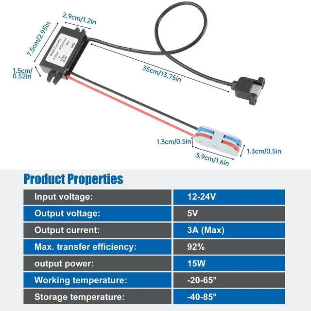 Alt view image 6 of 7 - 8-32V to 5V 3A 15W USB Port DC-DC Buck Converter with Fuse | Waterproof Voltage Converter For Automotive, LED Lights, Construction Sites, Tool