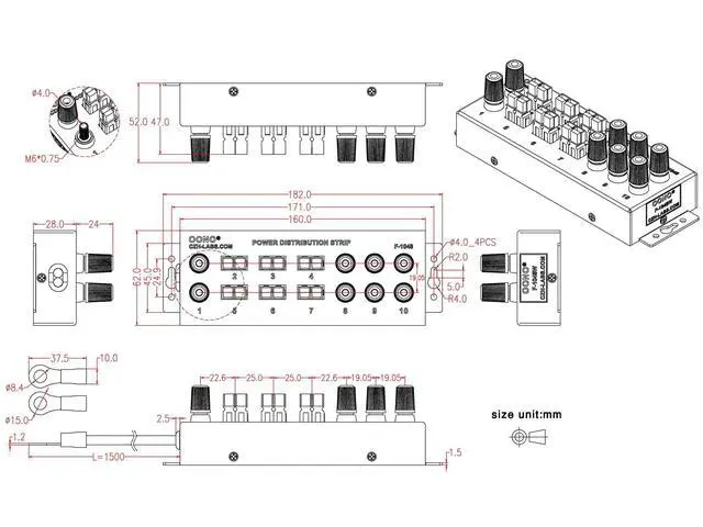 Alt view image 6 of 6 - Wired Banana Jack and Power Pole 10 Outlet DC Power Distribution Strip Box